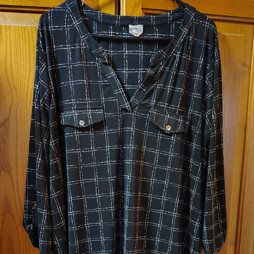 Anthropologie Naif Top Womens 2X Black and White Striped 3/4 Sleeve V-Neck